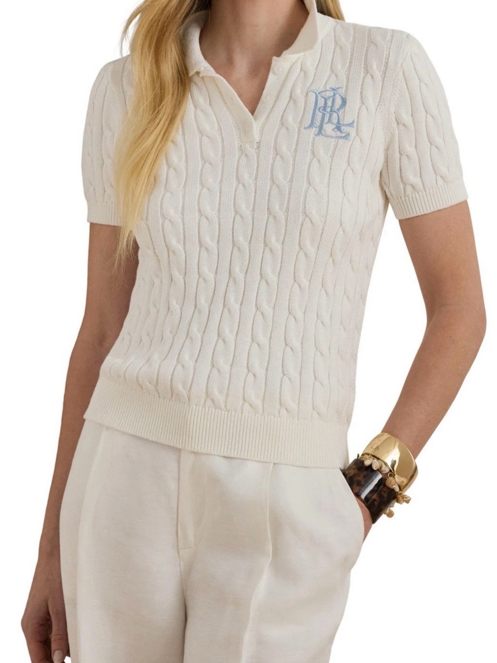 Ralph Lauren Natrissa Cable Stitch Cotton  Women’s Polo Sweater Size Large